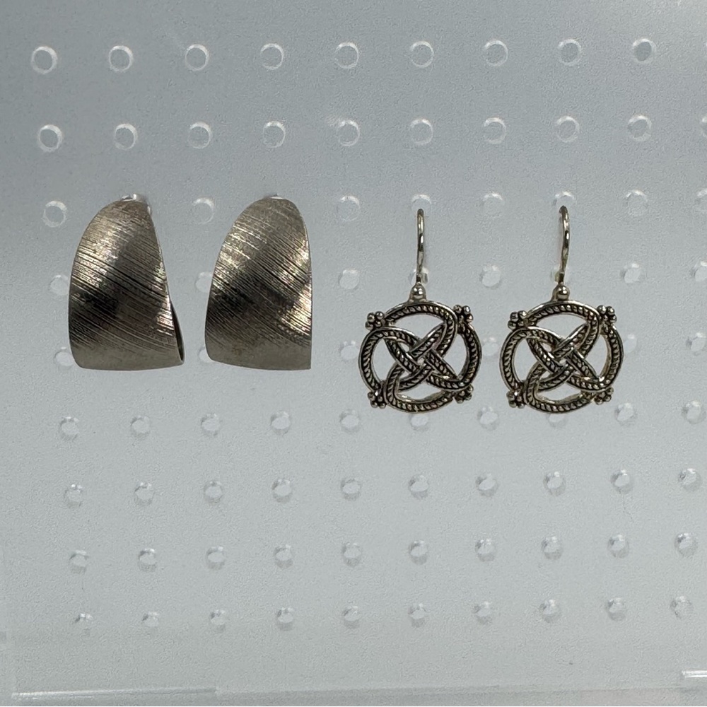 2 Pairs Silver Tone Pierced Earrings Avon Celtic Motif & Half Hoop Brushed Metal